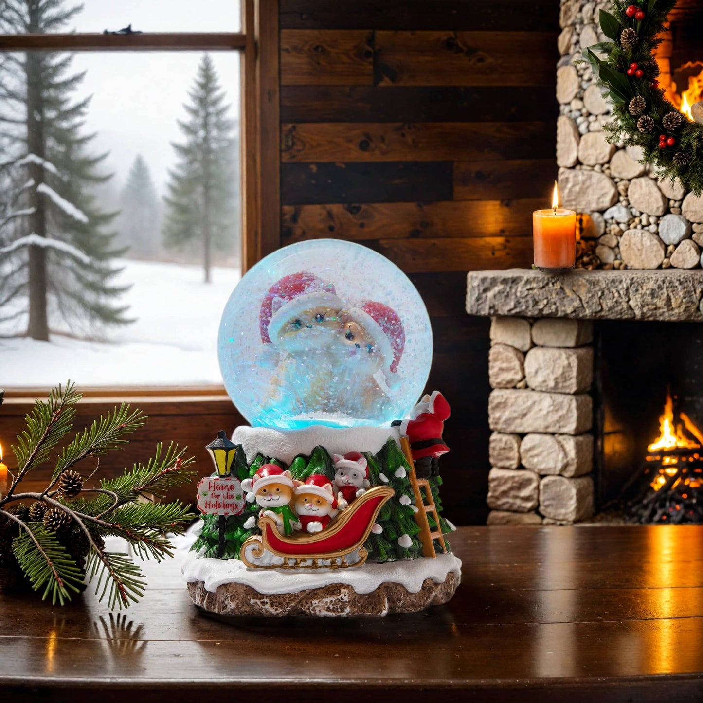 Home For The Holidays Christmas Musical, Water Glittering Cat Snow Globe – Plays 7 Traditional Holiday Songs Including Jingle Bells & Color Changing Lights -Faire