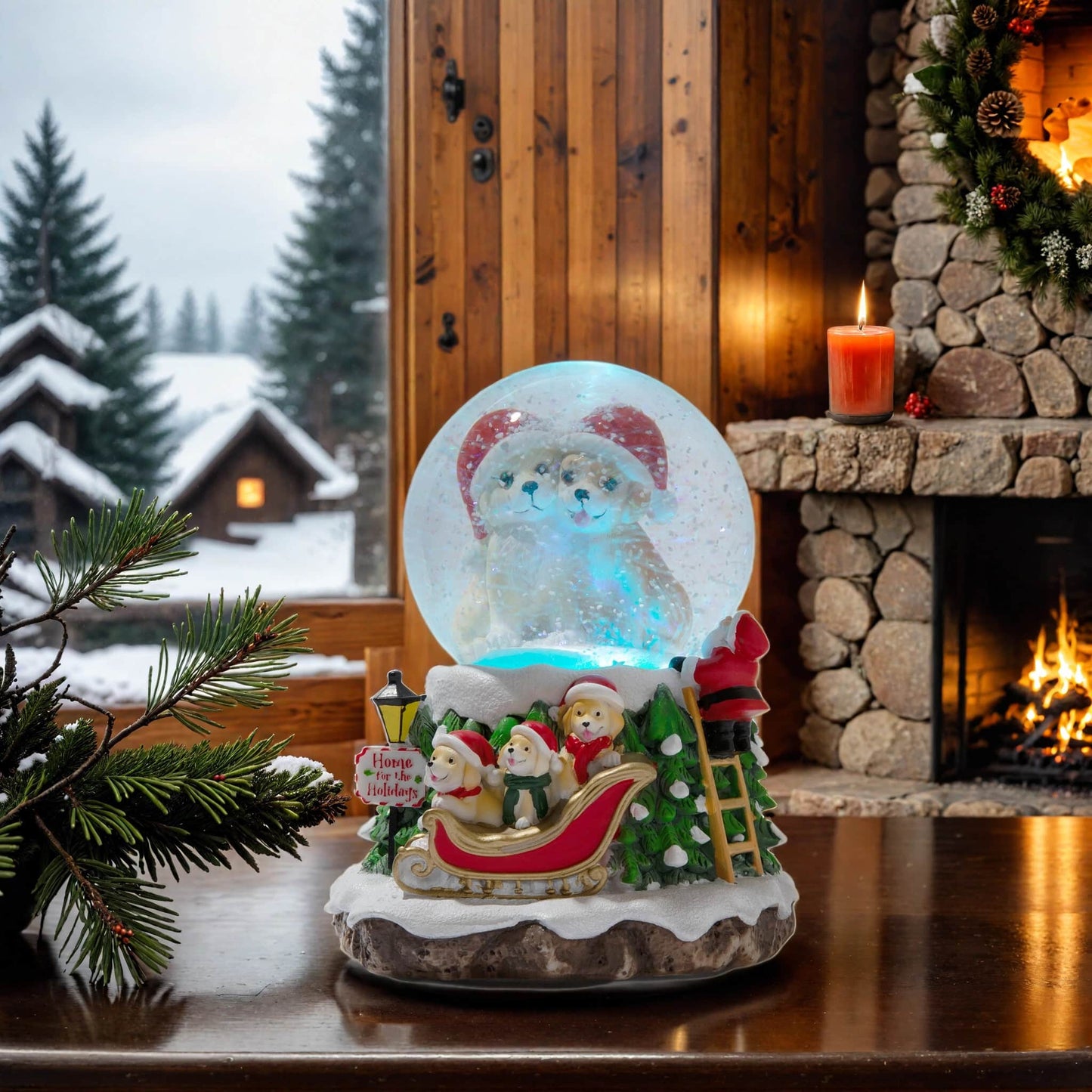 Home For The Holidays Christmas Musical, Water Glittering Dog Snow Globe – Plays 7 Traditional Holiday Songs Including Jingle Bells & Color Changing Lights -Faire