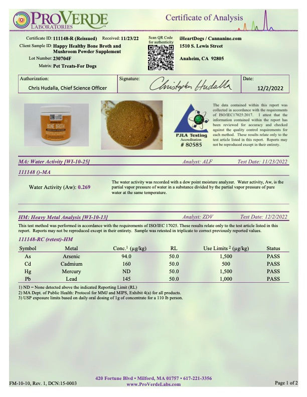 iHeartDogs Mushroom Bone Broth For Dogs Immune Support Powder - 90 scoops