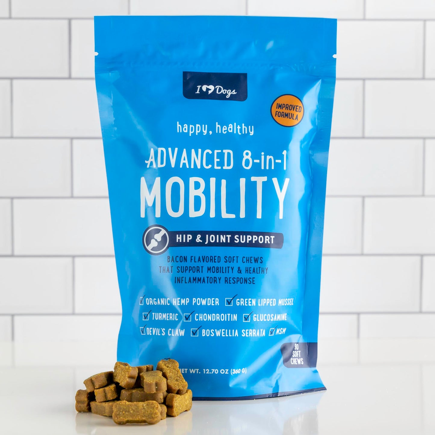 BUY 2 BAGS & SAVE iHeartDogs Hip and Joint Supplement for Dogs - Advanced 8-in-1 Dog Joint Supplement Chews with Glucosamine, Chondroitin, Turmeric & MSM - Bacon Flavor, 90 Count