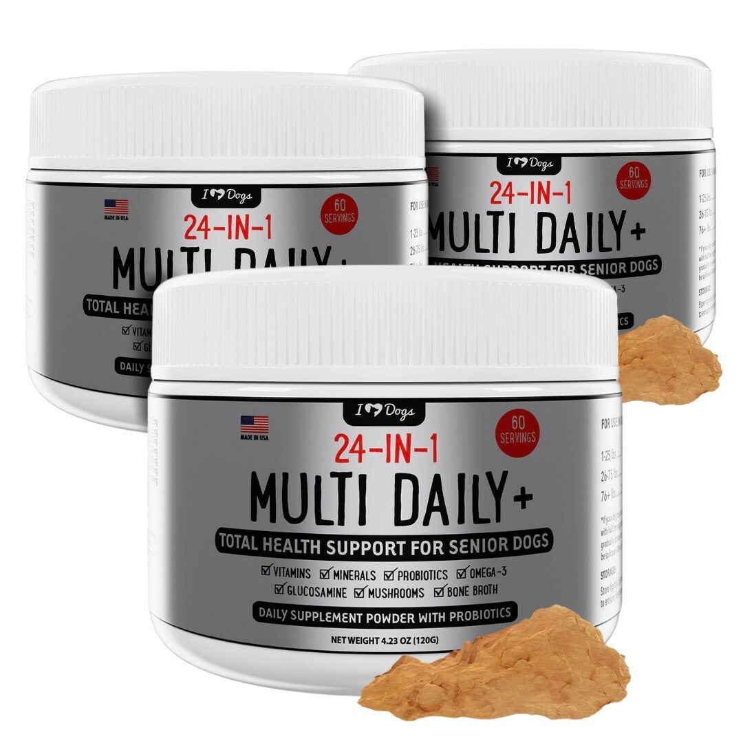 BUY 3 and SAVE 25%! iHeartDogs 24-in-1 SENIOR Multivitamin Daily+ Total Health Support Powder with Probiotics, Omega-3, Glucosamine, Mushrooms & Bone Broth