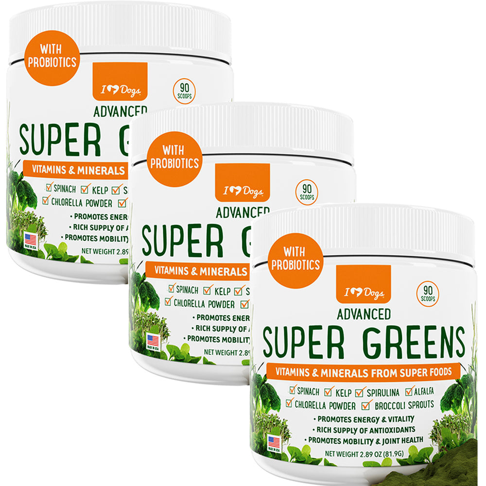 BUY 3 JARS & SAVE Super-Greens: Vitamin, Mineral & Probiotic Supplement for Dogs with Spirulina, Kelp, Green Tea, Spinach, Chlorella, & Brocolli Sprouts - 90 Scoops