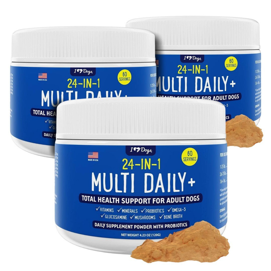 BUY 3 and SAVE 25%! iHeartDogs 24-in-1 Adult Multivitamin Daily+ Total Health Support Powder with Probiotics, Omega-3, Glucosamine, Mushrooms & Bone Broth