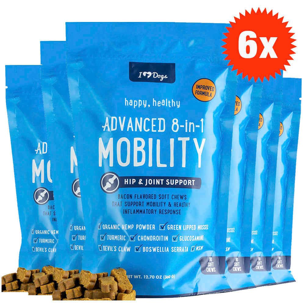 BUY 6 BAGS & SAVE iHeartDogs Hip and Joint Supplement for Dogs - Advanced 8-in-1 Dog Joint Supplement Chews with Glucosamine, Chondroitin, Turmeric & MSM - Bacon Flavor, 90 Count