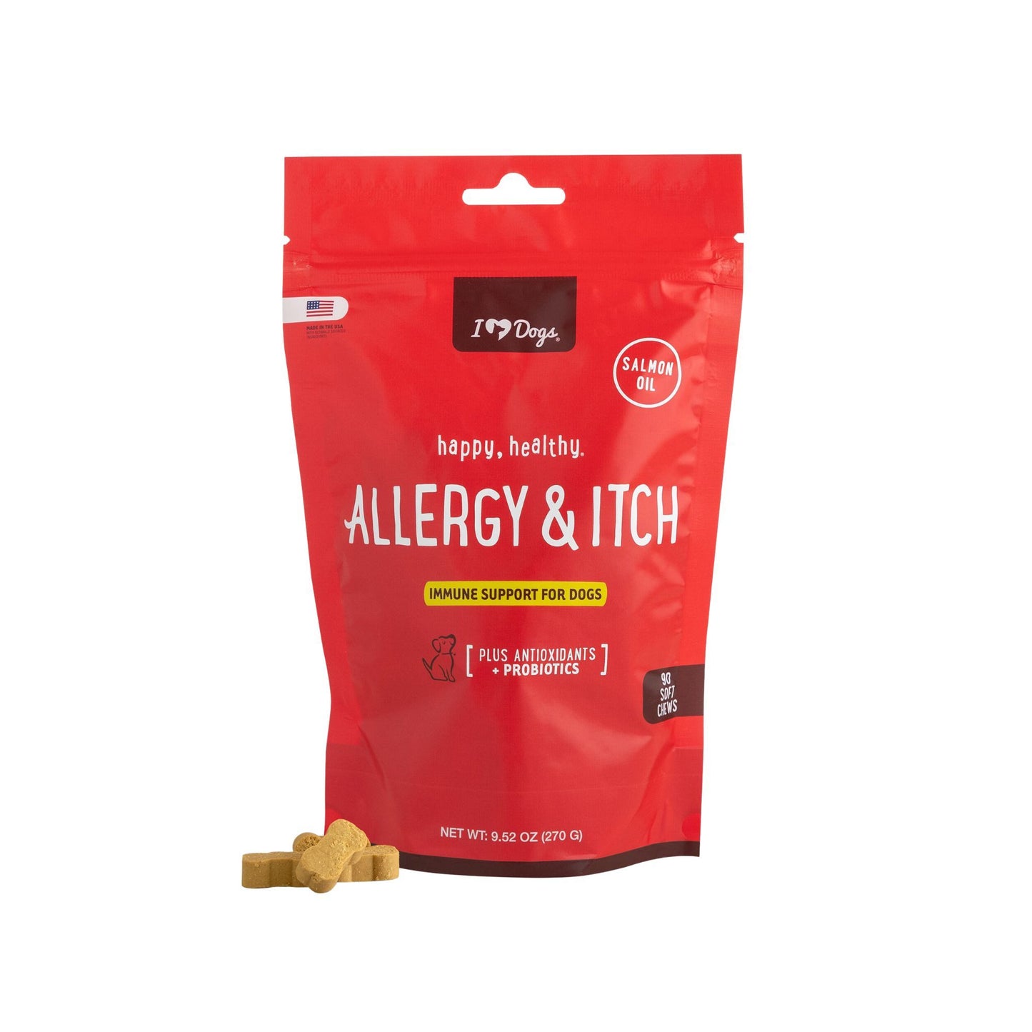 iHeartDogs Allergy & Itch Relief Chews for Dogs with Salmon Oil, Quercetin, Colostrum, Antioxidants and Probiotics — 90 Count