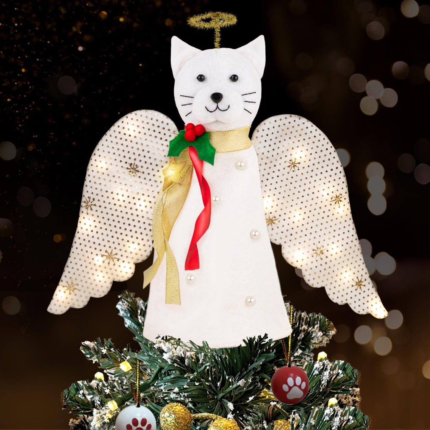 Limited Time Early Bird Offer-A ‘Christmas Miracle’ Angel Cat Tree Topper with Golden Sparkle Lighted Wings - Helps Feed 30 Hungry Shelter Cats in Need