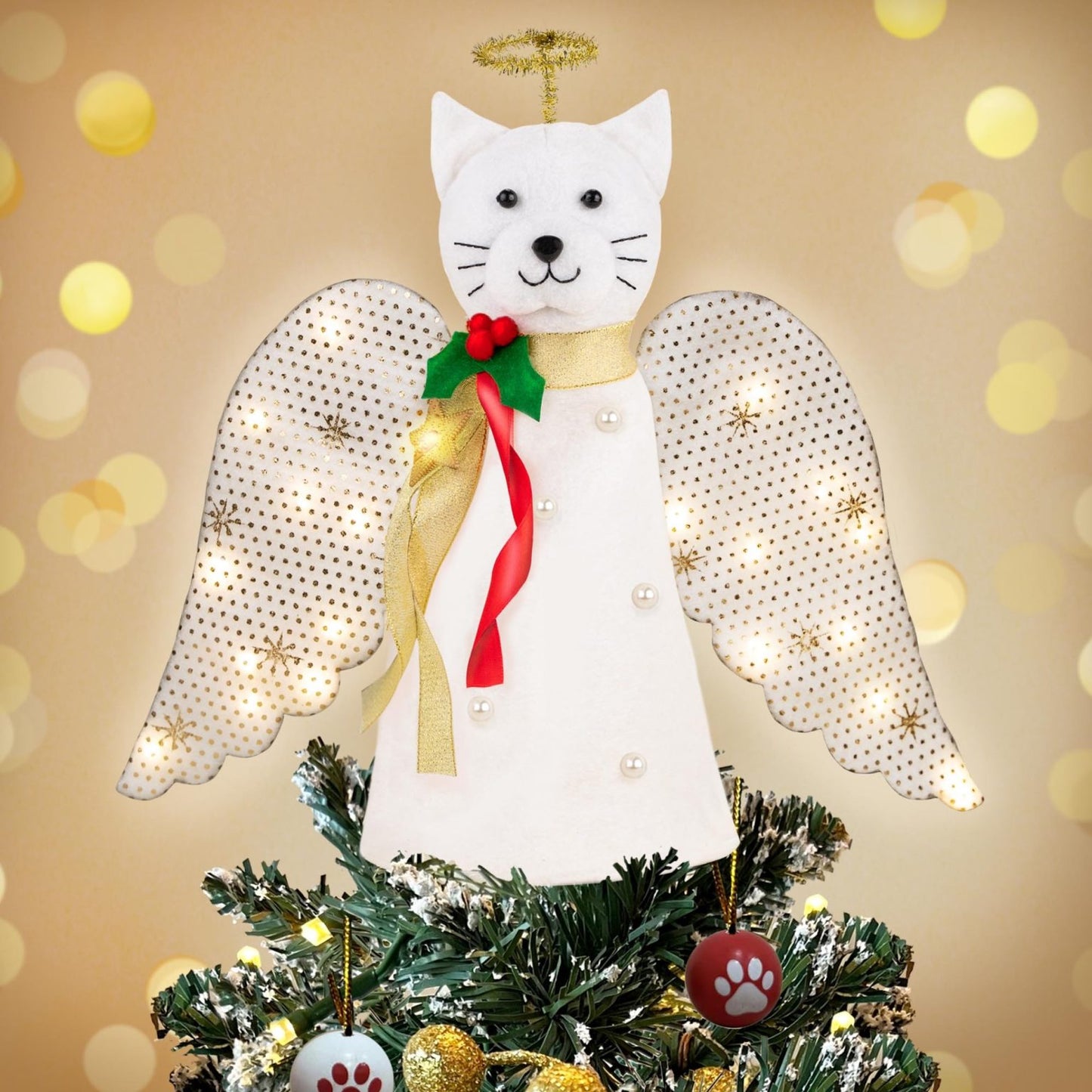 Limited Time Early Bird Offer-A ‘Christmas Miracle’ Angel Cat Tree Topper with Golden Sparkle Lighted Wings - Helps Feed 30 Hungry Shelter Cats in Need