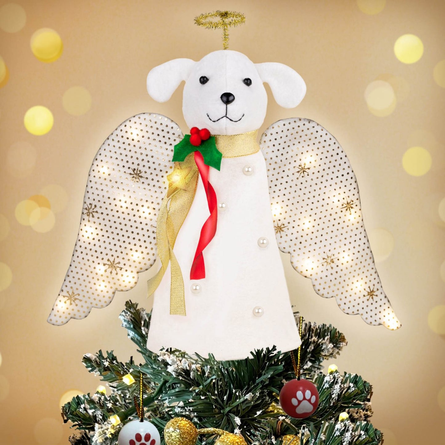 Limited Time Early Bird Offer- A ‘Christmas Miracle’ Angel Dog Tree Topper with Golden Sparkle Lighted Wings - Helps Feed 30 Hungry Shelter Dogs in Need