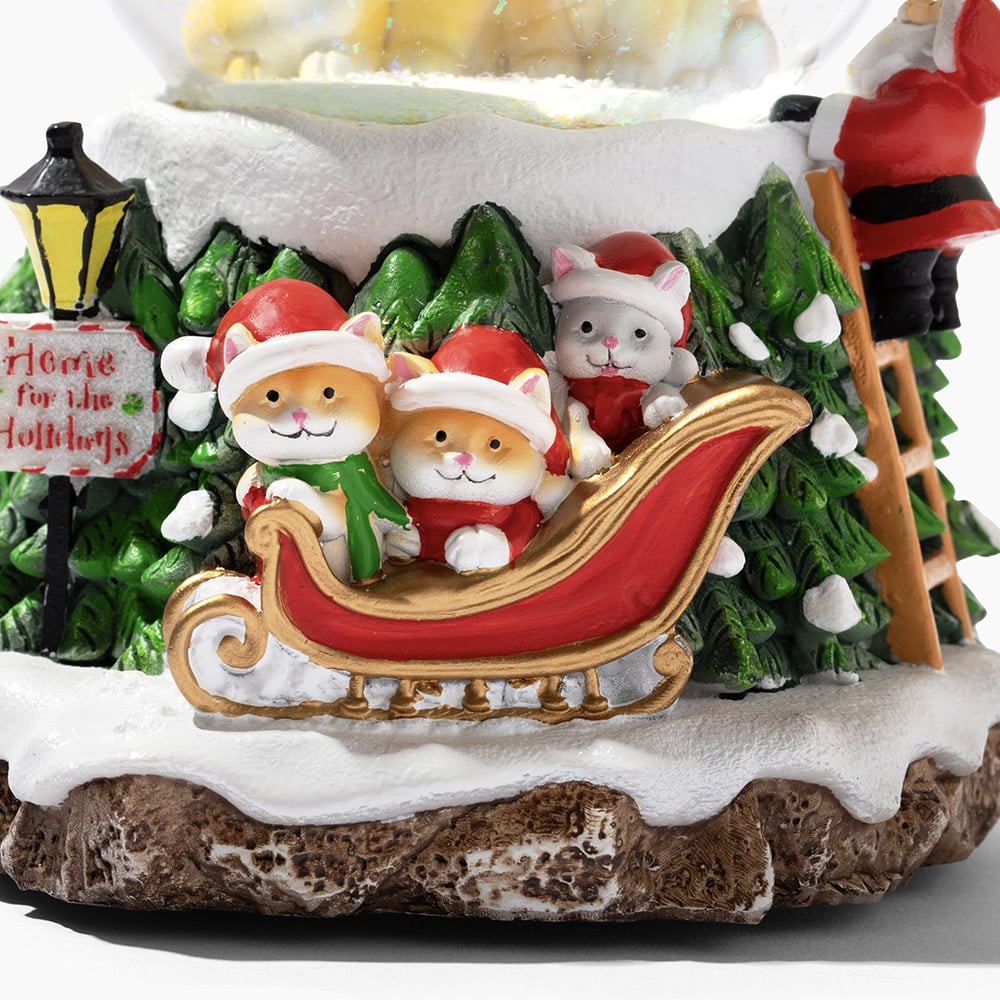Home For The Holidays Christmas Musical, Water Glittering Cat Snow Globe – Plays 7 Traditional Holiday Songs Including Jingle Bells & Color Changing Lights -Faire
