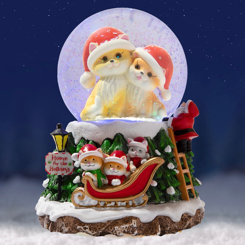 Home For The Holidays Christmas Musical, Water Glittering Cat Snow Globe – Plays 7 Traditional Holiday Songs Including Jingle Bells & Color Changing Lights -Faire