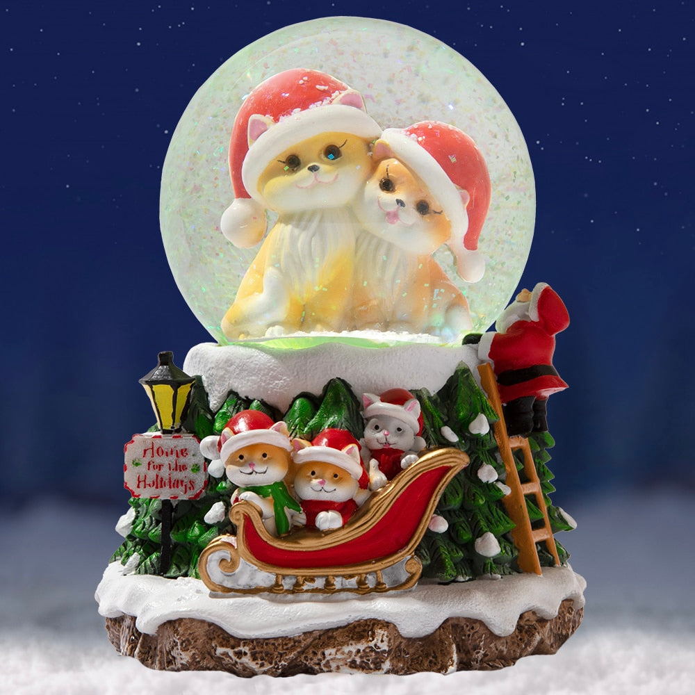 Home For The Holidays Christmas Musical, Water Glittering Cat Snow Globe – Plays 7 Traditional Holiday Songs Including Jingle Bells & Color Changing Lights -Faire