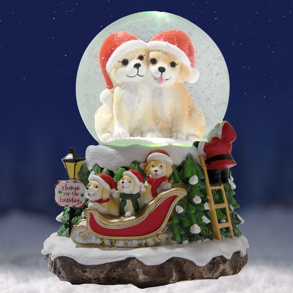 Home For The Holidays Christmas Musical, Water Glittering Dog Snow Globe – Plays 7 Traditional Holiday Songs Including Jingle Bells & Color Changing Lights -Faire