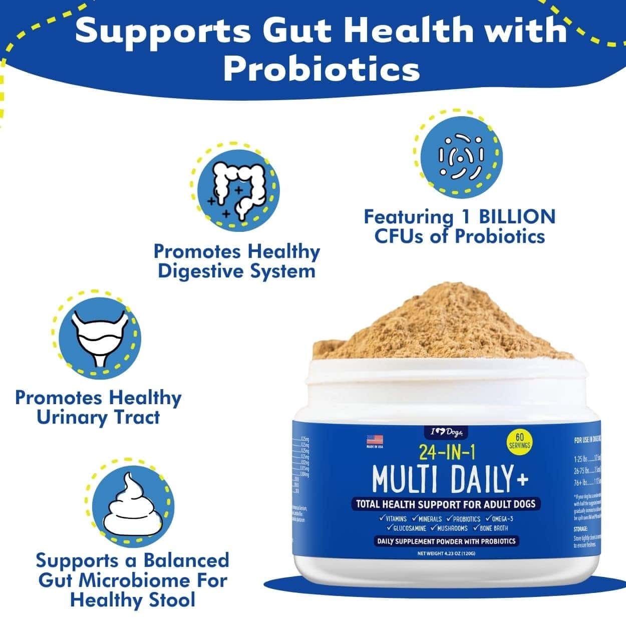 BUY 3 and SAVE 25%! iHeartDogs 24-in-1 Adult Multivitamin Daily+ Total Health Support Powder with Probiotics, Omega-3, Glucosamine, Mushrooms & Bone Broth