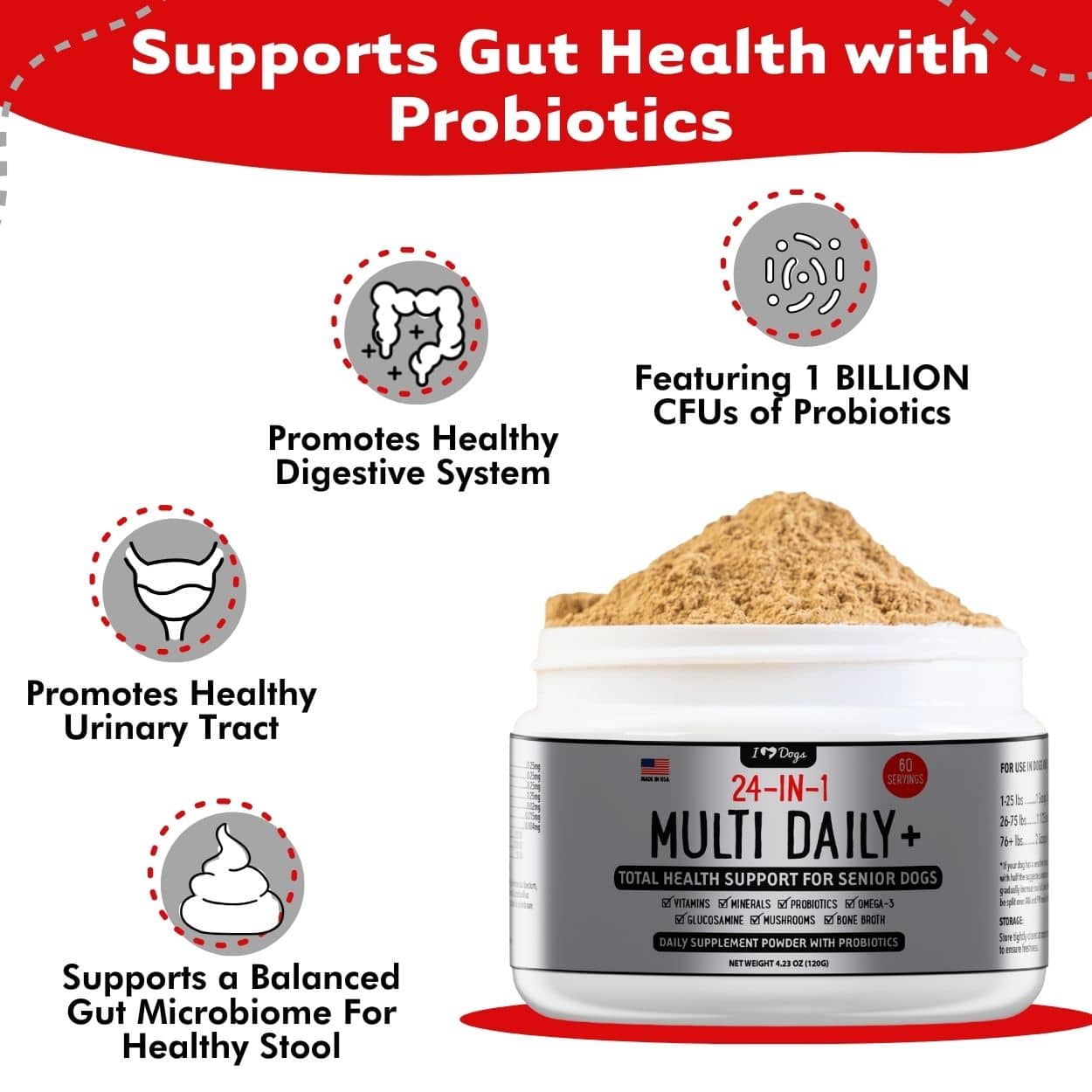 iHeartDogs 24-in-1 SENIOR Multivitamin Daily+ Total Health Support Powder with Probiotics, Omega-3, Glucosamine, Mushrooms & Bone Broth- 60 Servings