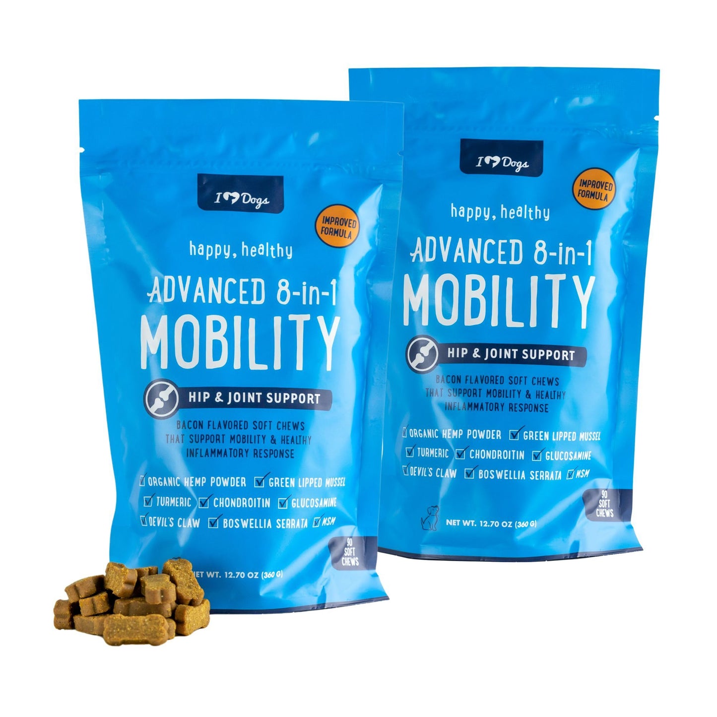 BUY 2 BAGS & SAVE iHeartDogs Hip and Joint Supplement for Dogs - Advanced 8-in-1 Dog Joint Supplement Chews with Glucosamine, Chondroitin, Turmeric & MSM - Bacon Flavor, 90 Count