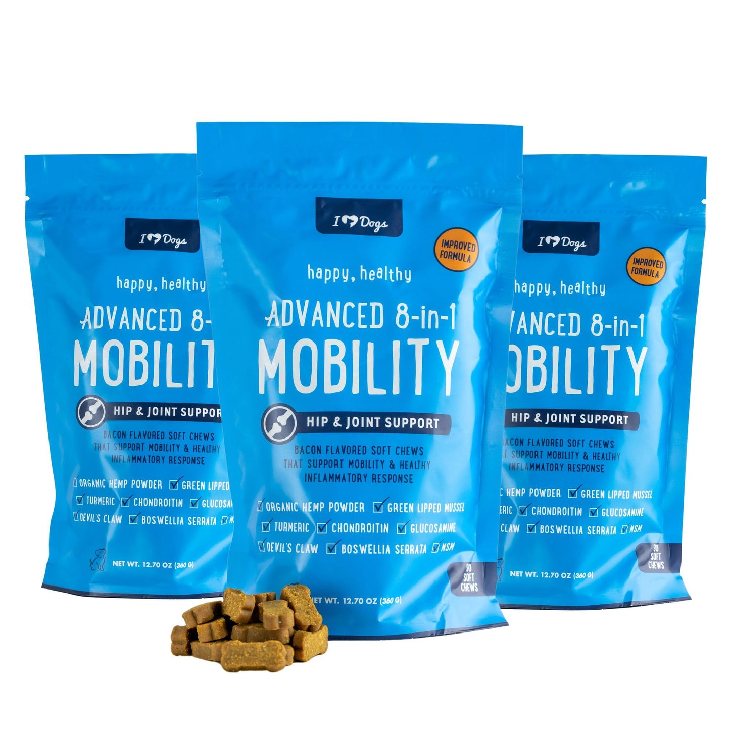 BUY 3 BAGS & SAVE iHeartDogs Hip and Joint Supplement for Dogs - Advanced 8-in-1 Dog Joint Supplement Chews with Glucosamine, Chondroitin, Turmeric & MSM - Bacon Flavor, 90 Count