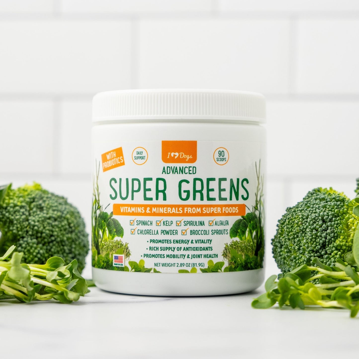 BUY 2 JARS & SAVE Super-Greens: Vitamin, Mineral & Probiotic Supplement for Dogs with Spirulina, Kelp, Green Tea, Spinach, Chlorella, & Brocolli Sprouts - 90 Scoops