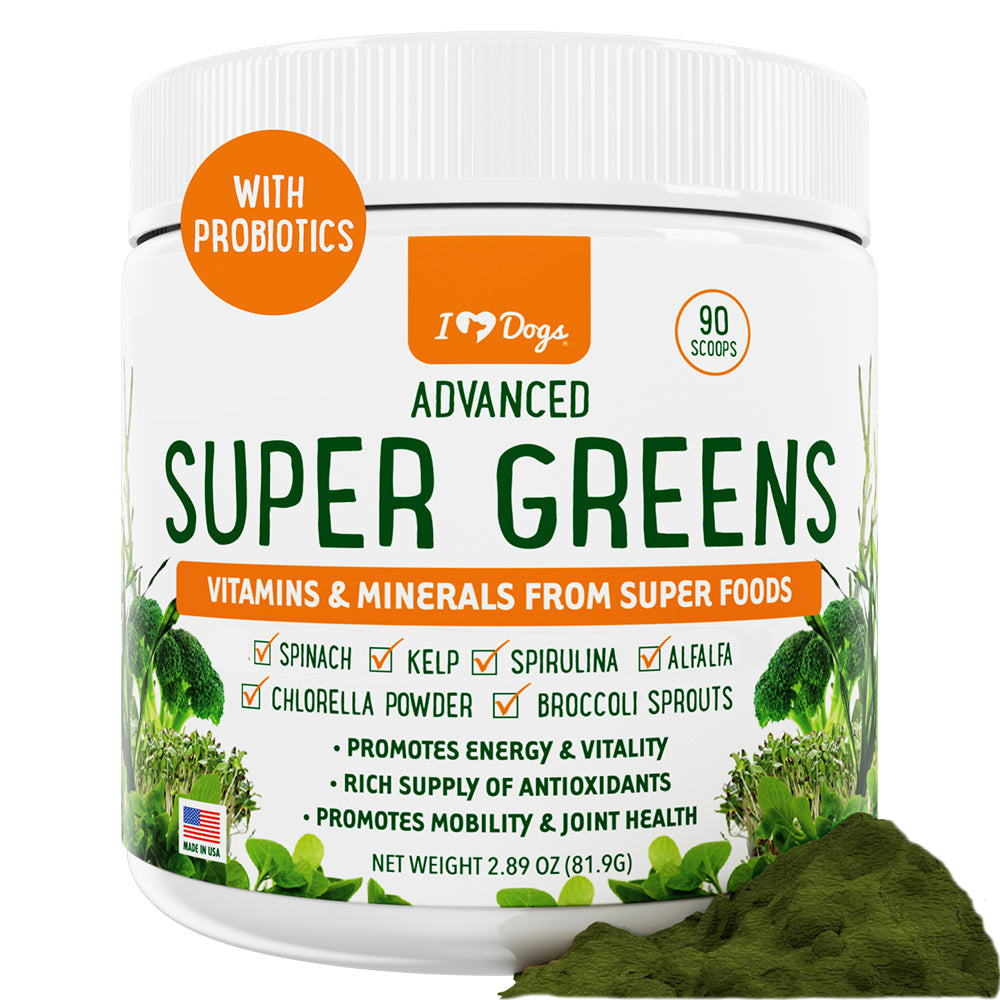 Super-Greens: Vitamin, Mineral & Probiotic Supplement for Dogs with Spirulina, Kelp, Green Tea, Spinach, Chlorella, & Brocolli Sprouts - 90 Scoops