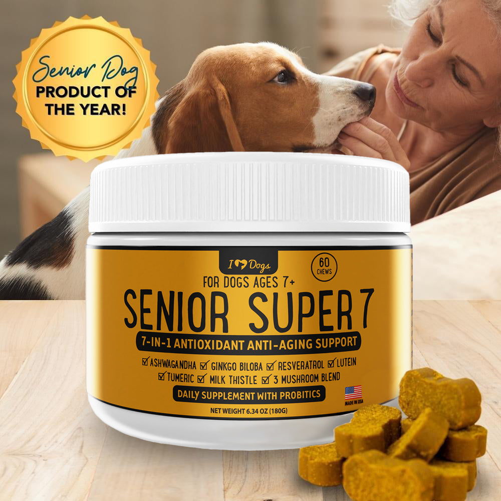 BUY 2 JARS & SAVE iHeartDogs Senior Super 7 Daily MegaVitamin For Dogs 7-In-1 Antioxidant Anti-Aging Support