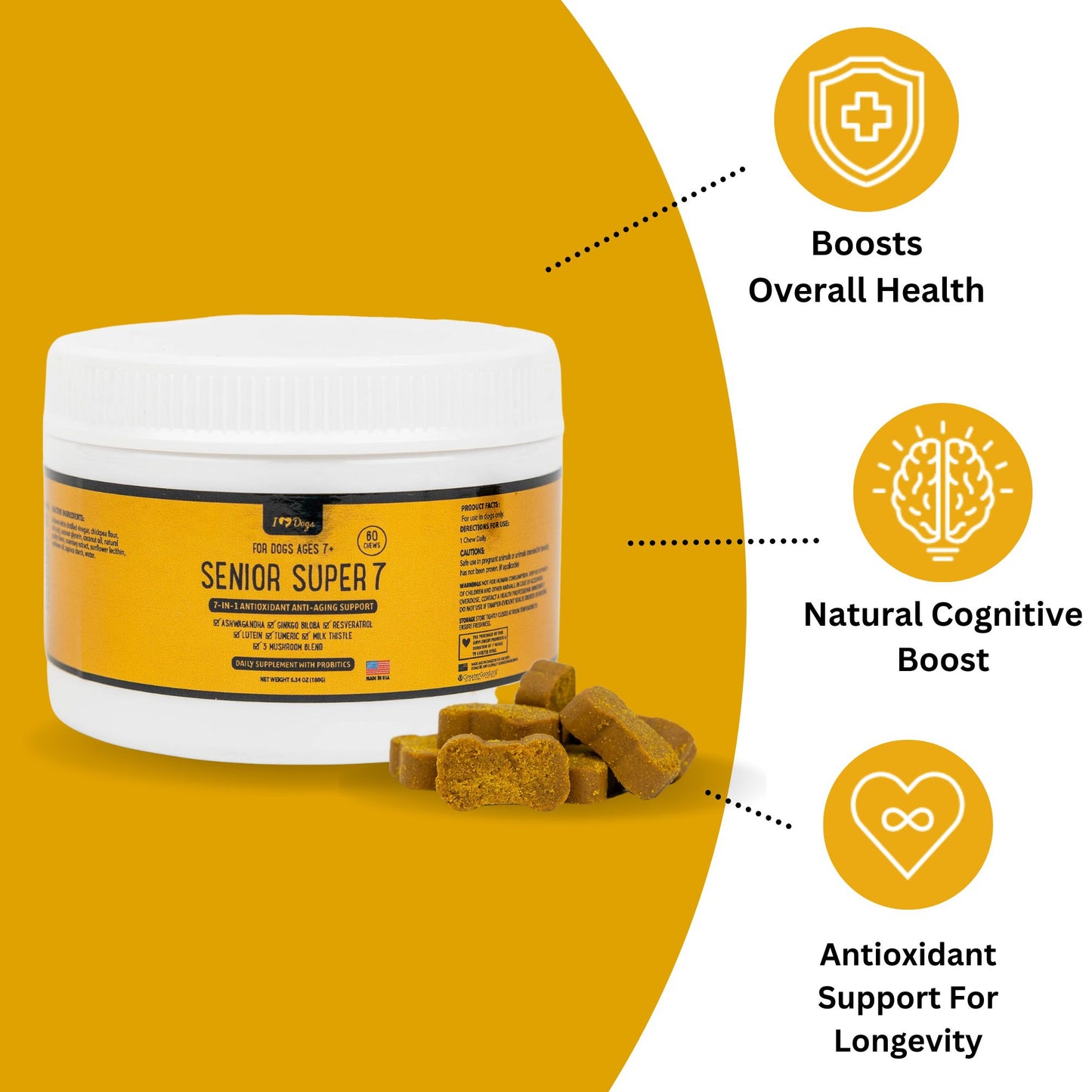 BUY 2 JARS & SAVE iHeartDogs Senior Super 7 Daily MegaVitamin For Dogs 7-In-1 Antioxidant Anti-Aging Support