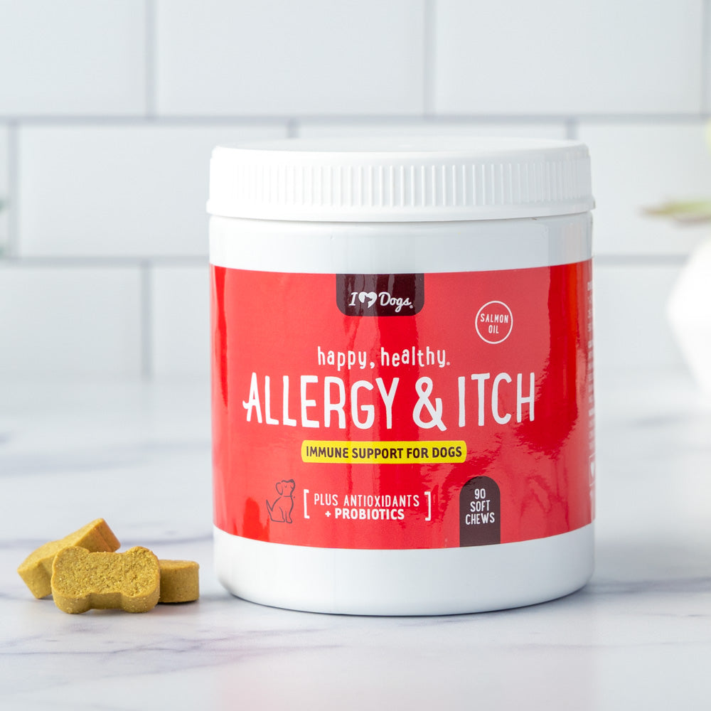 iHeartDogs Allergy & Itch Relief Chews for Dogs with Salmon Oil, Quercetin, Colostrum, Antioxidants and Probiotics — 90 Count