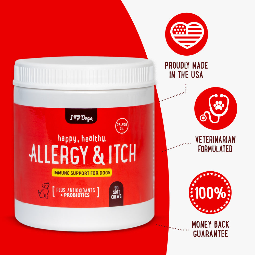 iHeartDogs Allergy & Itch Relief Chews for Dogs with Salmon Oil, Quercetin, Colostrum, Antioxidants and Probiotics — 90 Count