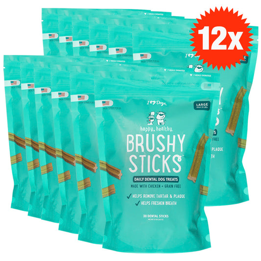 BUY IN BULK & SAVE- 12 BAGS Happy, Healthy™ Brushy Sticks Dental Dog Treats – Dental Chews for Dogs – 30 Large Sticks