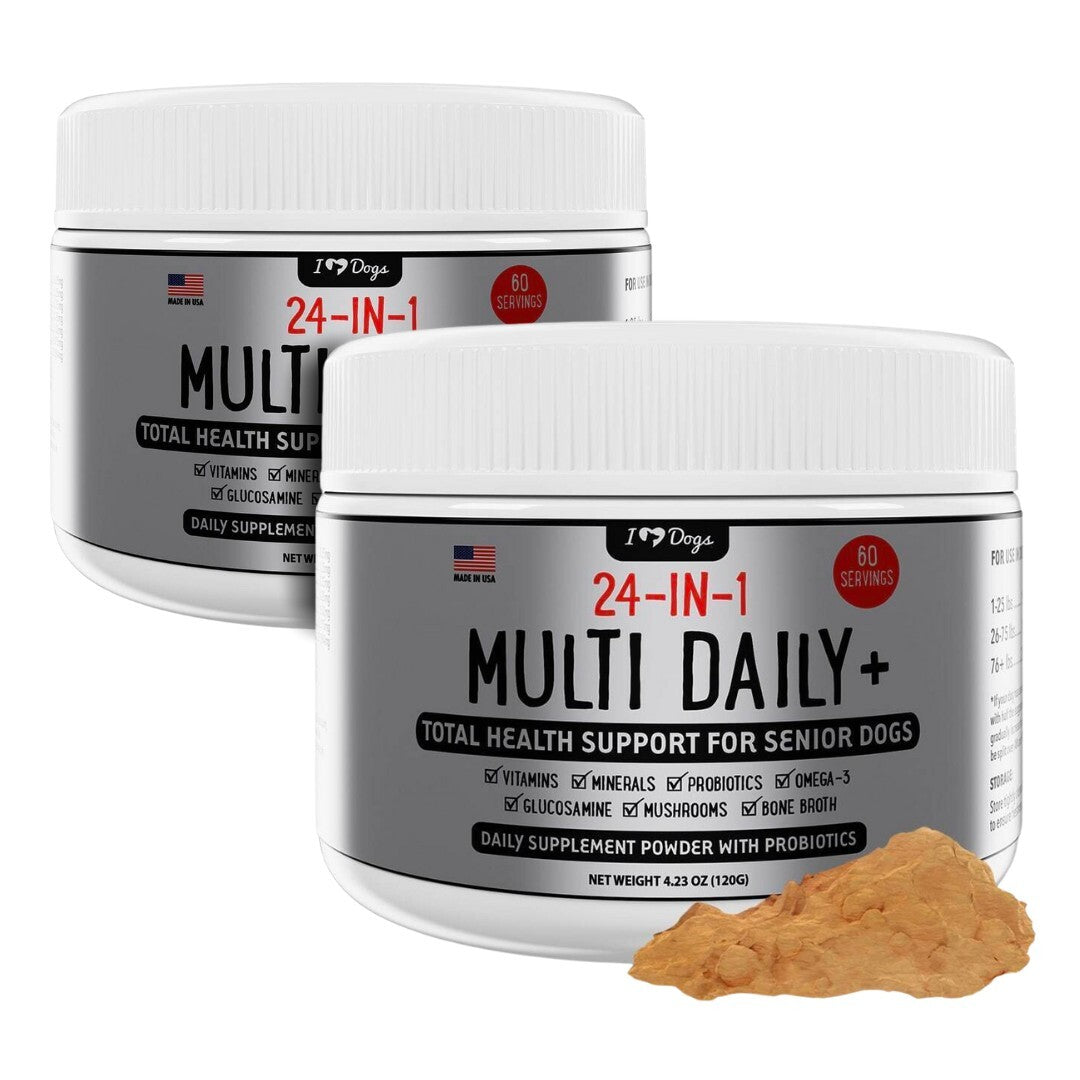 BUY 2 and SAVE 13%! iHeartDogs 24-in-1 SENIOR Multivitamin Daily+ Total Health Support Powder with Probiotics, Omega-3, Glucosamine, Mushrooms & Bone Broth