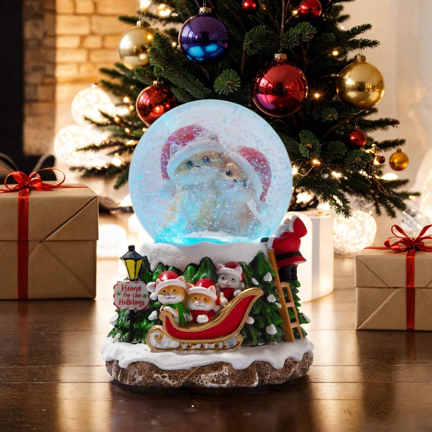 Home For The Holidays Christmas Musical, Water Glittering Cat Snow Globe – Plays 7 Traditional Holiday Songs Including Jingle Bells & Color Changing Lights -Faire