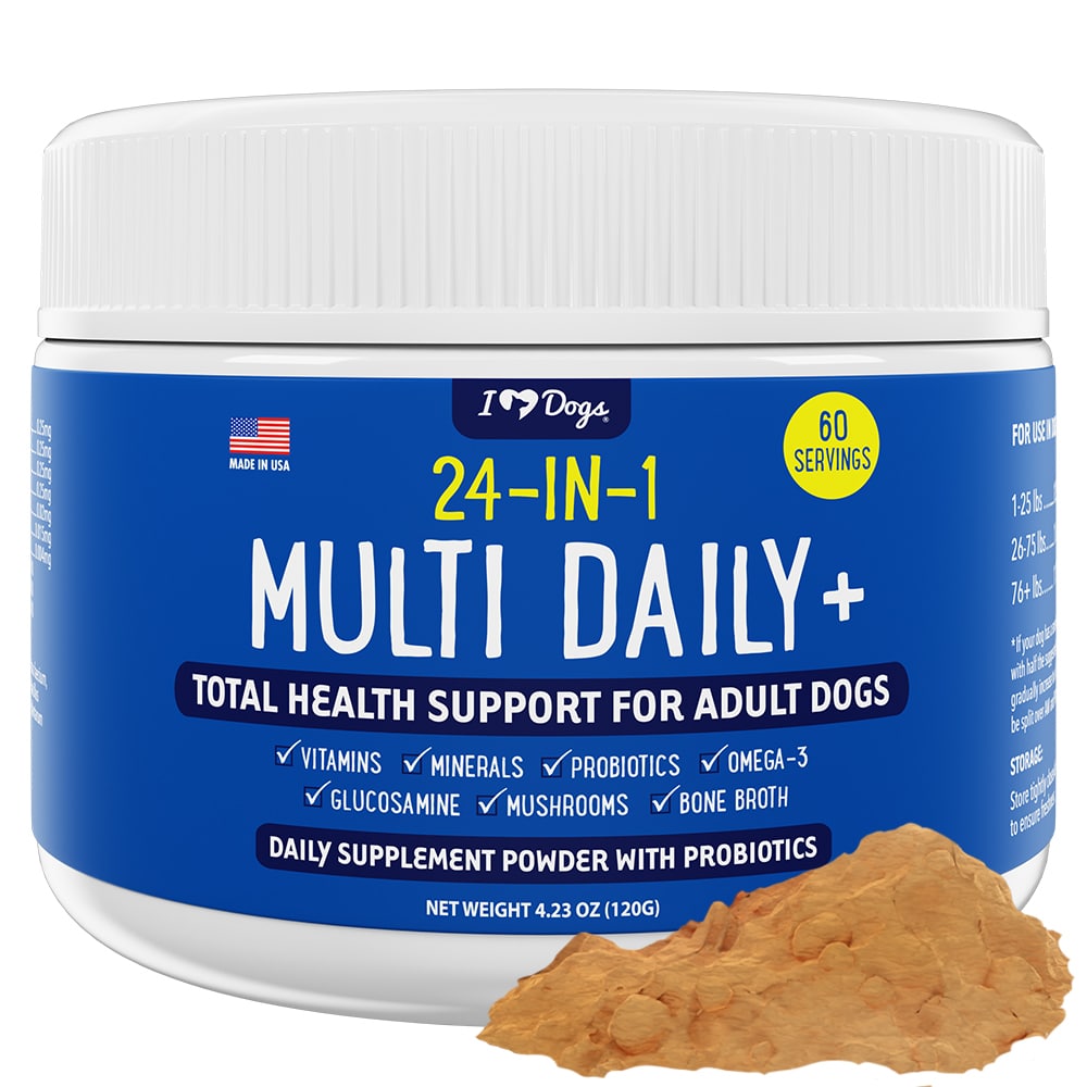 BUY 2 and SAVE!  iHeartDogs 24-in-1 Adult Multivitamin Daily+ Total Health Support Powder with Probiotics, Omega-3, Glucosamine, Mushrooms & Bone Broth