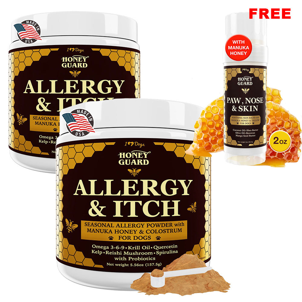 GET A FREE Paw, Nose & Skin Healing Balm with Purchase of 2 Honey Guard™ – Allergy & Itch Omega-3-6-9 Powder Extra Strength with Manuka Honey, Quercetin, Colostrum, Krill Oil and Probiotics