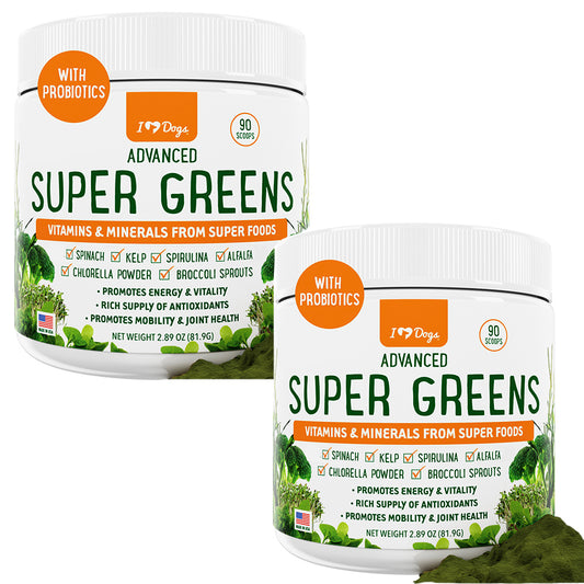 BUY 2 JARS & SAVE Super-Greens: Vitamin, Mineral & Probiotic Supplement for Dogs with Spirulina, Kelp, Green Tea, Spinach, Chlorella, & Brocolli Sprouts - 90 Scoops