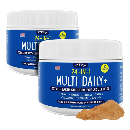 BUY 2 and SAVE!  iHeartDogs 24-in-1 Adult Multivitamin Daily+ Total Health Support Powder with Probiotics, Omega-3, Glucosamine, Mushrooms & Bone Broth