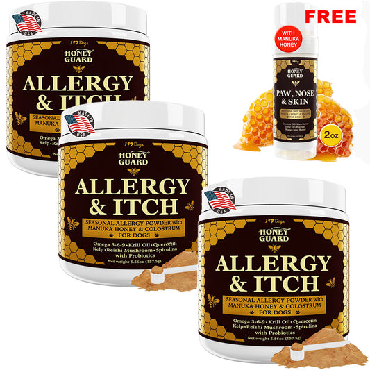 GET A FREE  Paw, Nose & Skin Healing Balm with Purchase of 3 Honey Guard™ – Allergy & Itch Omega-3-6-9 Powder Extra Strength with Manuka Honey, Quercetin, Colostrum, Krill Oil and Probiotics