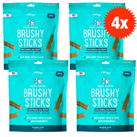 BUY IN BULK & SAVE- 4 BAGS Healthy™ Brushy Sticks Dental Dog Treats – Dental Chews for Dogs – 30 Mini Sticks-