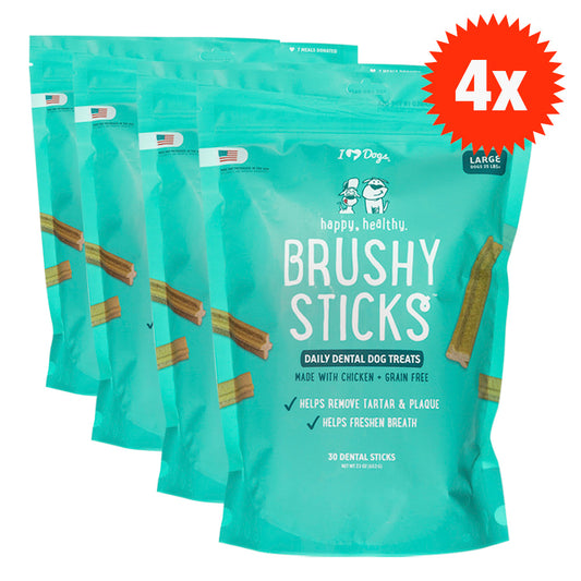 BUY IN BULK & SAVE- 4 BAGS Happy, Healthy™ Brushy Sticks Dental Dog Treats – Dental Chews for Dogs – 30 Large Sticks