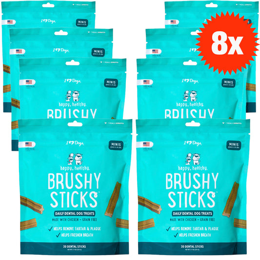 BUY IN BULK & SAVE- 8 BAGS Healthy™ Brushy Sticks Dental Dog Treats – Dental Chews for Dogs – 30 Mini Sticks-