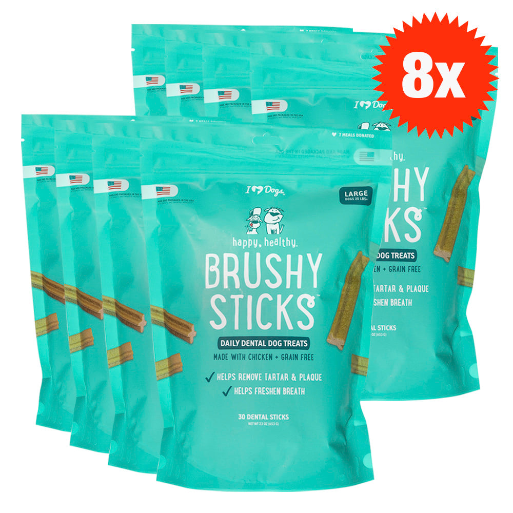 BUY IN BULK & SAVE- 8 BAGS Happy, Healthy™ Brushy Sticks Dental Dog Treats – Dental Chews for Dogs – 30 Large Sticks