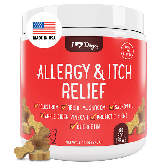 iHeartDogs Allergy & Itch Relief Chews for Dogs with Salmon Oil, Quercetin, Colostrum, Antioxidants and Probiotics — 90 Count - Faire