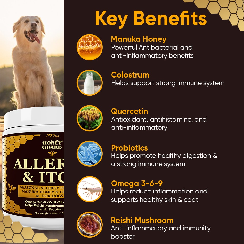 GET A FREE Paw, Nose & Skin Healing Balm with Purchase of 2 Honey Guard™ – Allergy & Itch Omega-3-6-9 Powder Extra Strength with Manuka Honey, Quercetin, Colostrum, Krill Oil and Probiotics