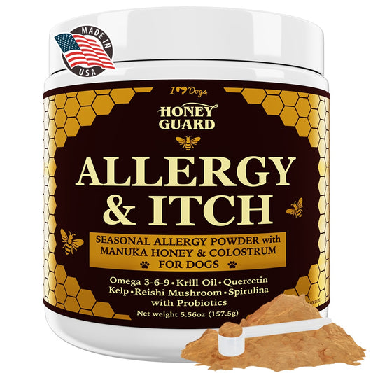 Honey Guard™ – Allergy & Itch Omega-3-6-9 Powder for Dogs Extra Strength with Manuka Honey, Quercetin, Colostrum, Krill Oil and Probiotics – 90 Scoops
