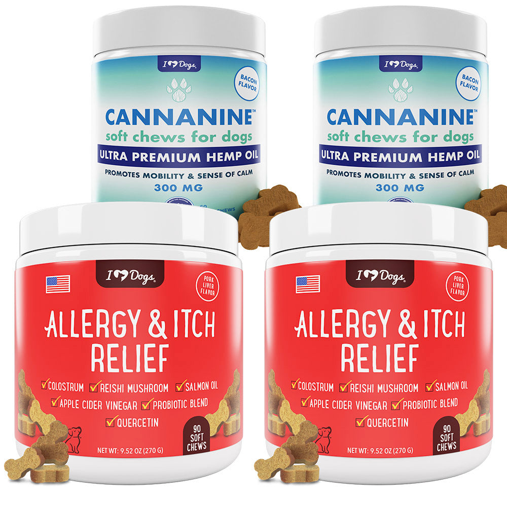 Set of 2 Bacon Flavored Hemp Calming Soft Chews and 2 Allergy & Itch Relief for Dogs with Salmon Oil, Quercetin, Colostrum, Antioxidants and Probiotics