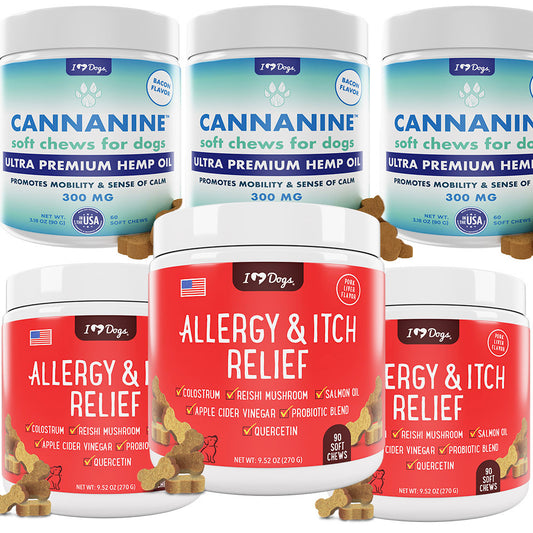 Set of 3 Bacon Flavored Hemp Calming Soft Chews and 3 Allergy & Itch Relief for Dogs with Salmon Oil, Quercetin, Colostrum, Antioxidants and Probiotics