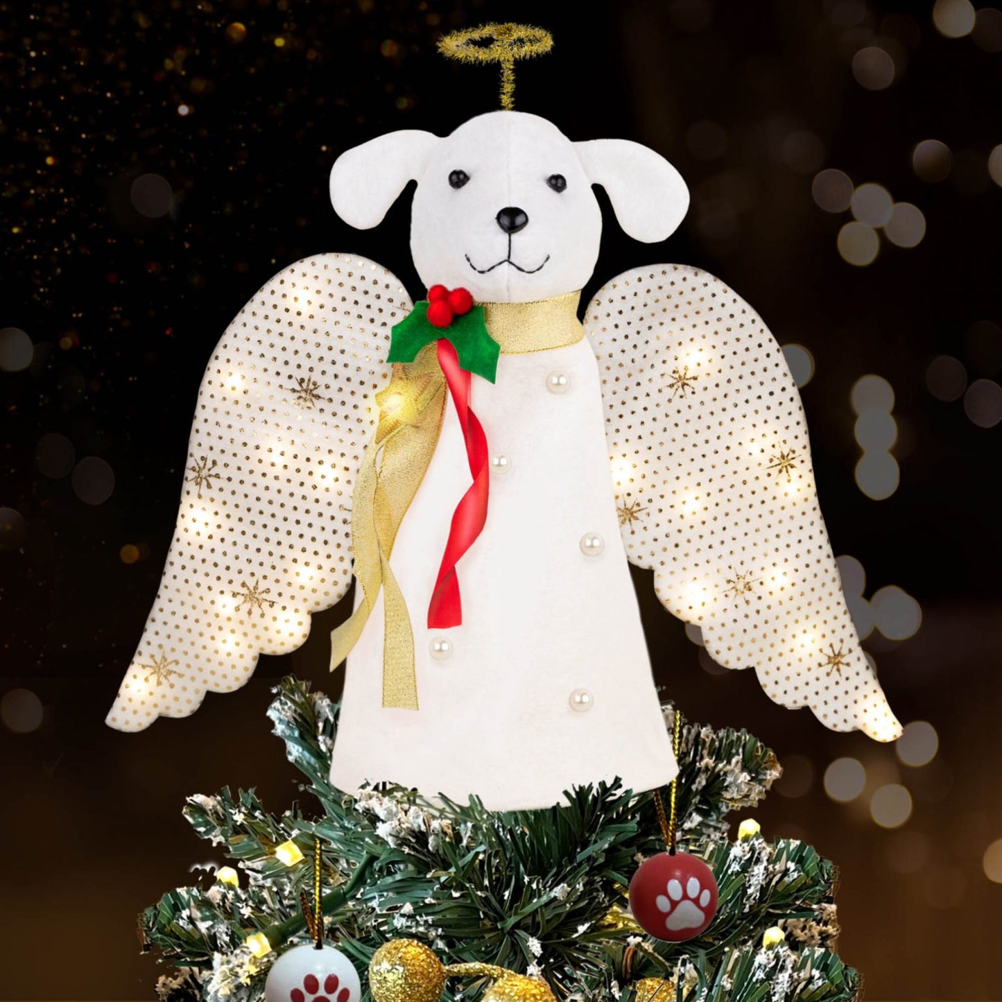 Limited Time Early Bird Offer- A ‘Christmas Miracle’ Angel Dog Tree Topper with Golden Sparkle Lighted Wings - Helps Feed 30 Hungry Shelter Dogs in Need