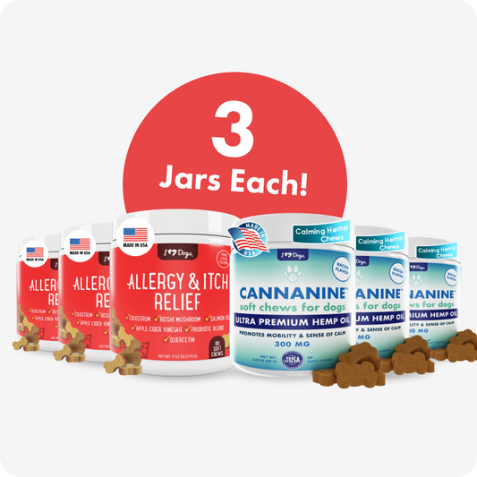Set of 3 Bacon Flavored Hemp Calming Soft Chews and 3 Allergy & Itch Relief for Dogs with Salmon Oil, Quercetin, Colostrum, Antioxidants and Probiotics