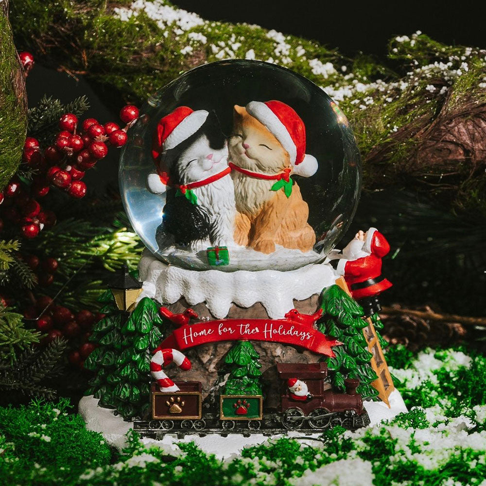 Early Bird Special: iHeartCats Exclusive- Home For The Holidays Christmas Musical, Water Glittering Cat Snow Globe - Plays 8 Traditional Holiday Songs Including Jingle Bells & Lights Up
