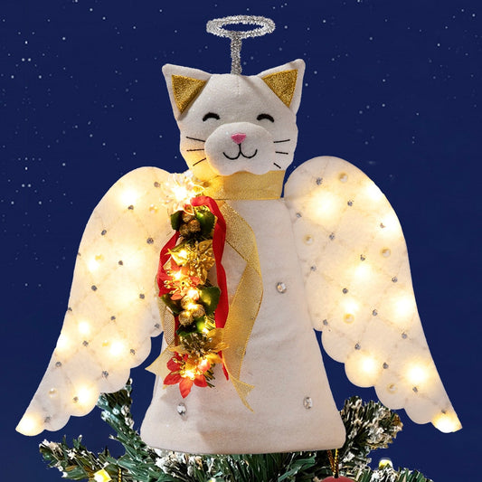 A ‘Christmas Miracle’ Angel Cat Tree Topper- Lighted Poinsettia Garland & Wings – Helps Feed 30 Hungry Shelter Cat in Need- Faire