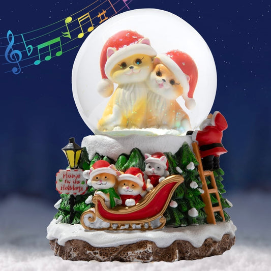 Home For The Holidays Christmas Musical, Water Glittering Cat Snow Globe – Plays 7 Traditional Holiday Songs Including Jingle Bells & Color Changing Lights -Faire