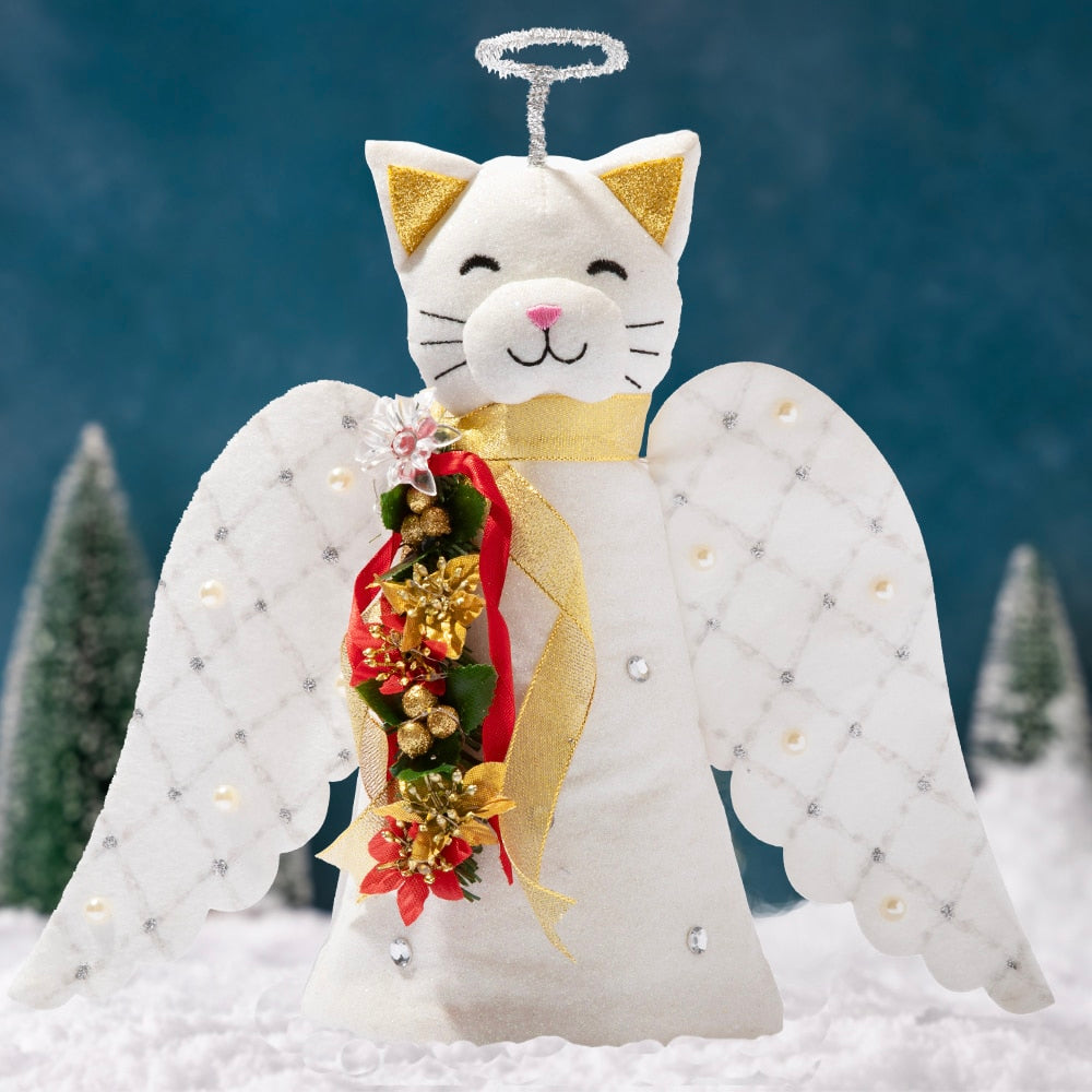 A ‘Christmas Miracle’ Angel Cat Tree Topper- Lighted Poinsettia Garland & Wings – Helps Feed 30 Hungry Shelter Cat in Need- Faire