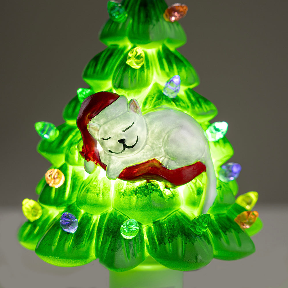 iHeartCats Exclusive - Sleeping Cat Christmas Tree Night Light, Large  6",  Nostalgic, Hand Crafted Resin Christmas Tree, Holiday Home Decor for Bathroom, Kitchen, Family Room